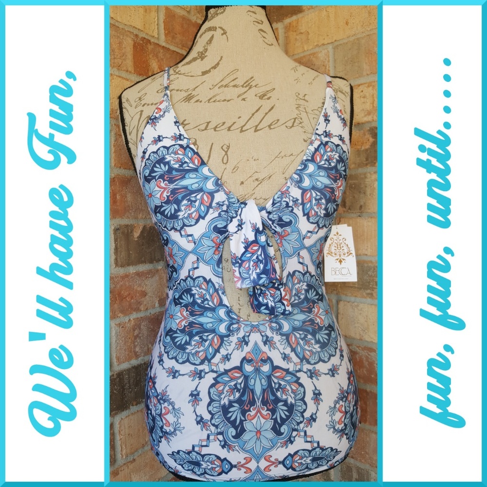 Blue, white and tangerine Becca tankini.